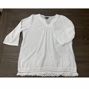 Sweet Magnolia Womens XXL White Embroidered Lace Trim Boho Tunic Top Cotton